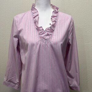 Talbots pink striped tunic with ruffled, v-neckline, side slit, size 8